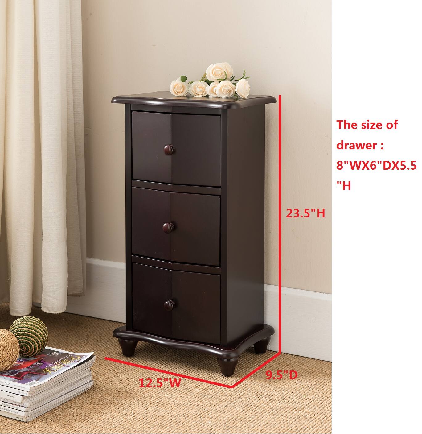 The size of drawer:  
8"W x 6"D x 5.5"H  

Overall dimensions:  
23.5"H x 12.5"W x 9.5"D