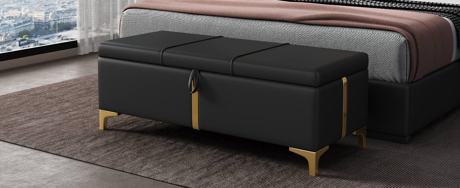 Alt View 8. GOODSILO - Elegant Upholstered Storage Ottoman Bench with Metal Legs - Black.