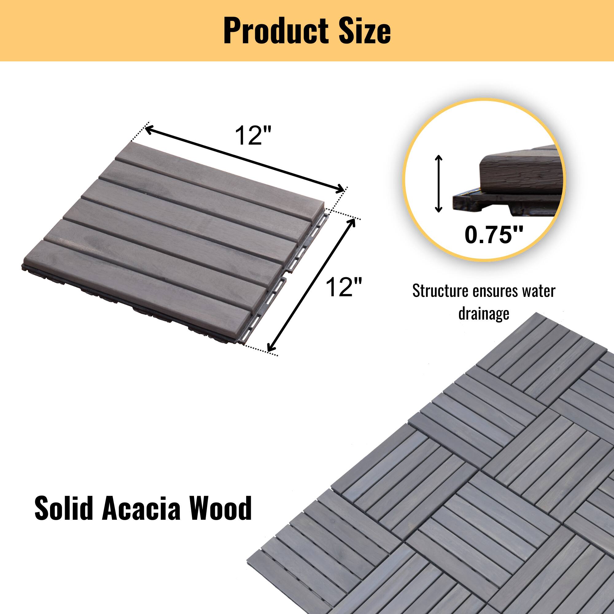Product Size  
12" x 12"  
0.75"  
Structure ensures water drainage  
Solid Acacia Wood