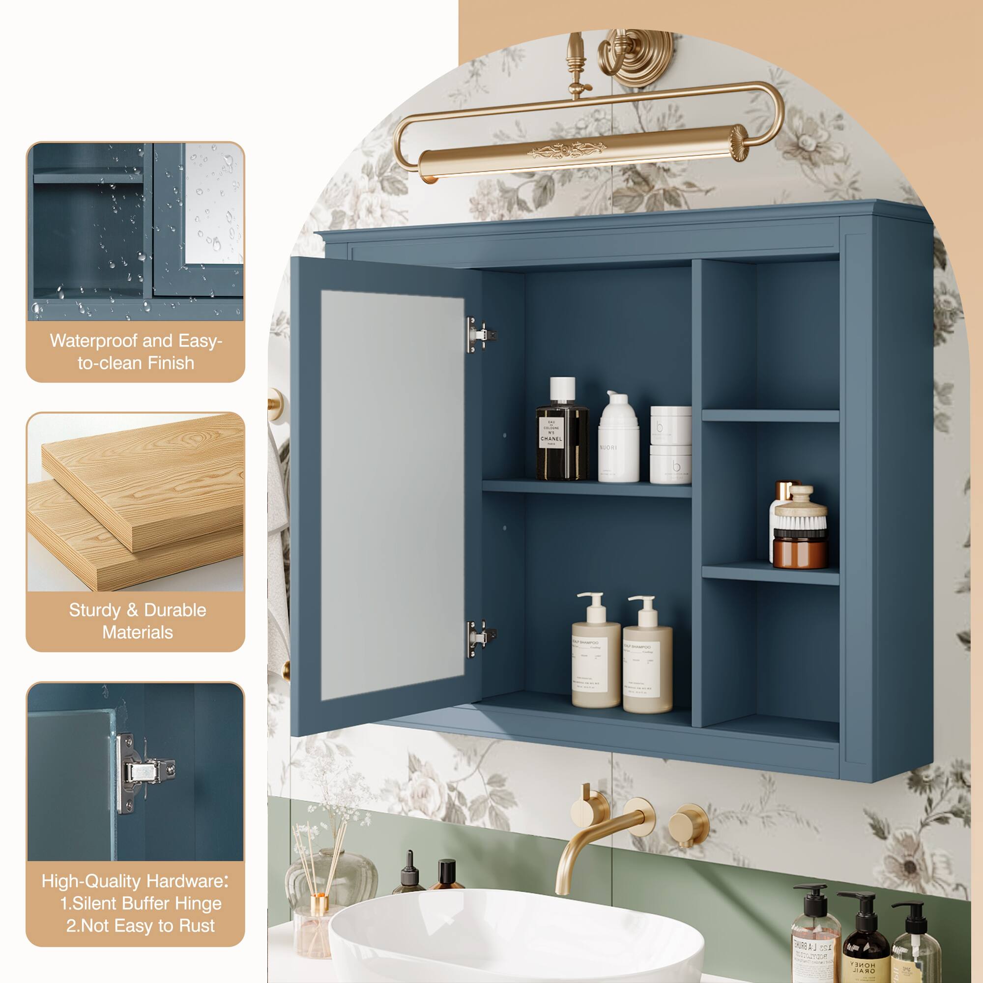 Waterproof and Easy-to-clean Finish

Sturdy & Durable Materials

High-Quality Hardware:
1. Silent Buffer Hinge
2. Not Easy to Rust