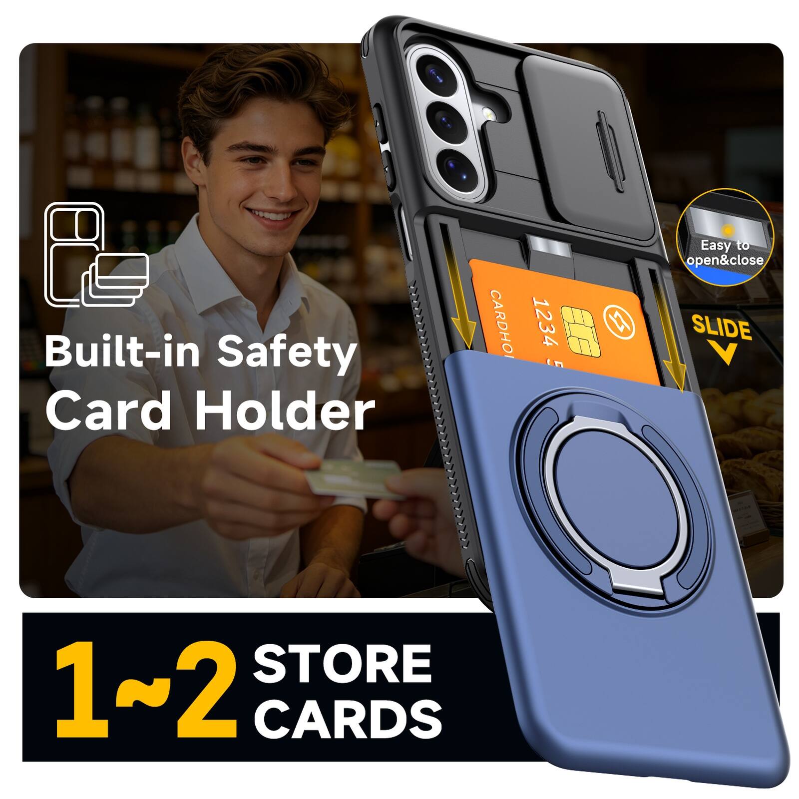 Built-in Safety Card Holder  
CARDHO 1234 5  
Easy to open&close  
SLIDE  
STORE 1~2 CARDS