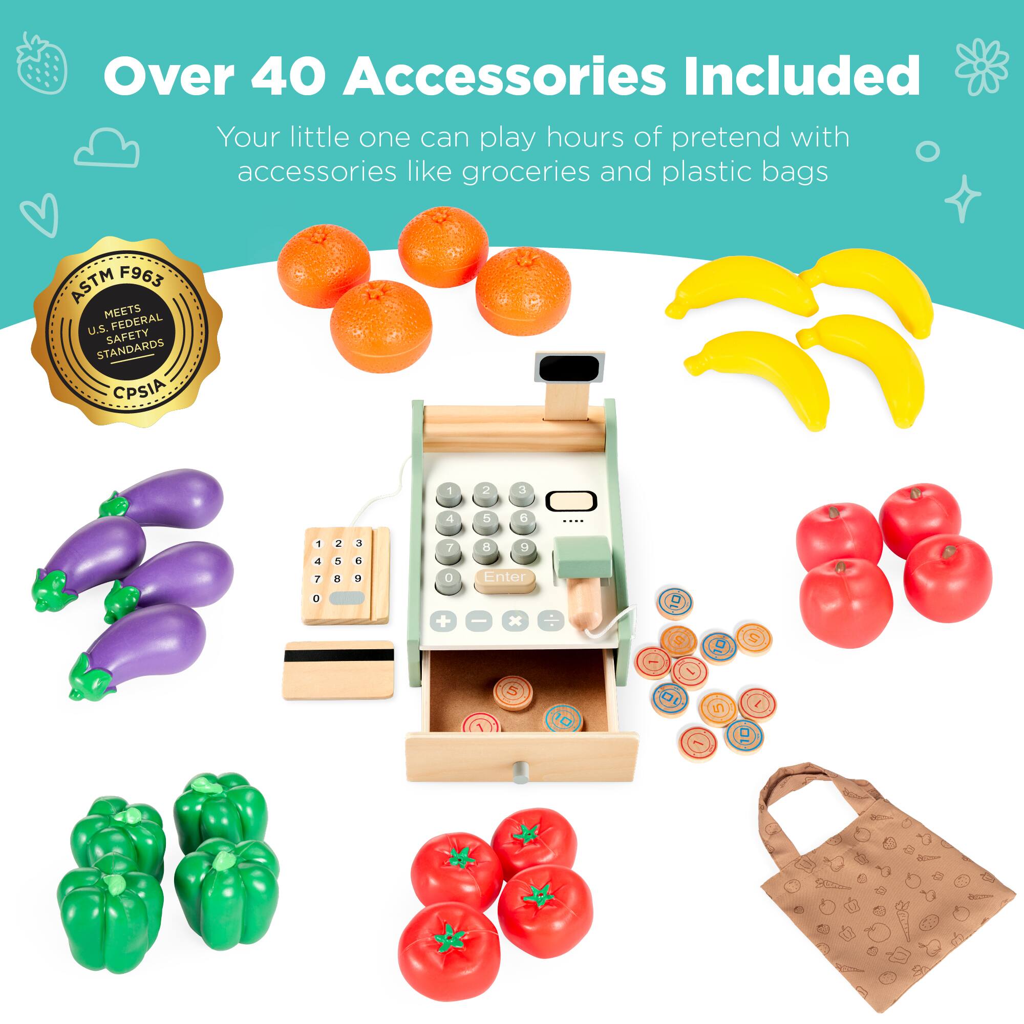 Over 40 Accessories Included

Your little one can play hours of pretend with accessories like groceries and plastic bags

ASTM F963 MEETS U.S. FEDERAL SAFETY STANDARDS CPSIA