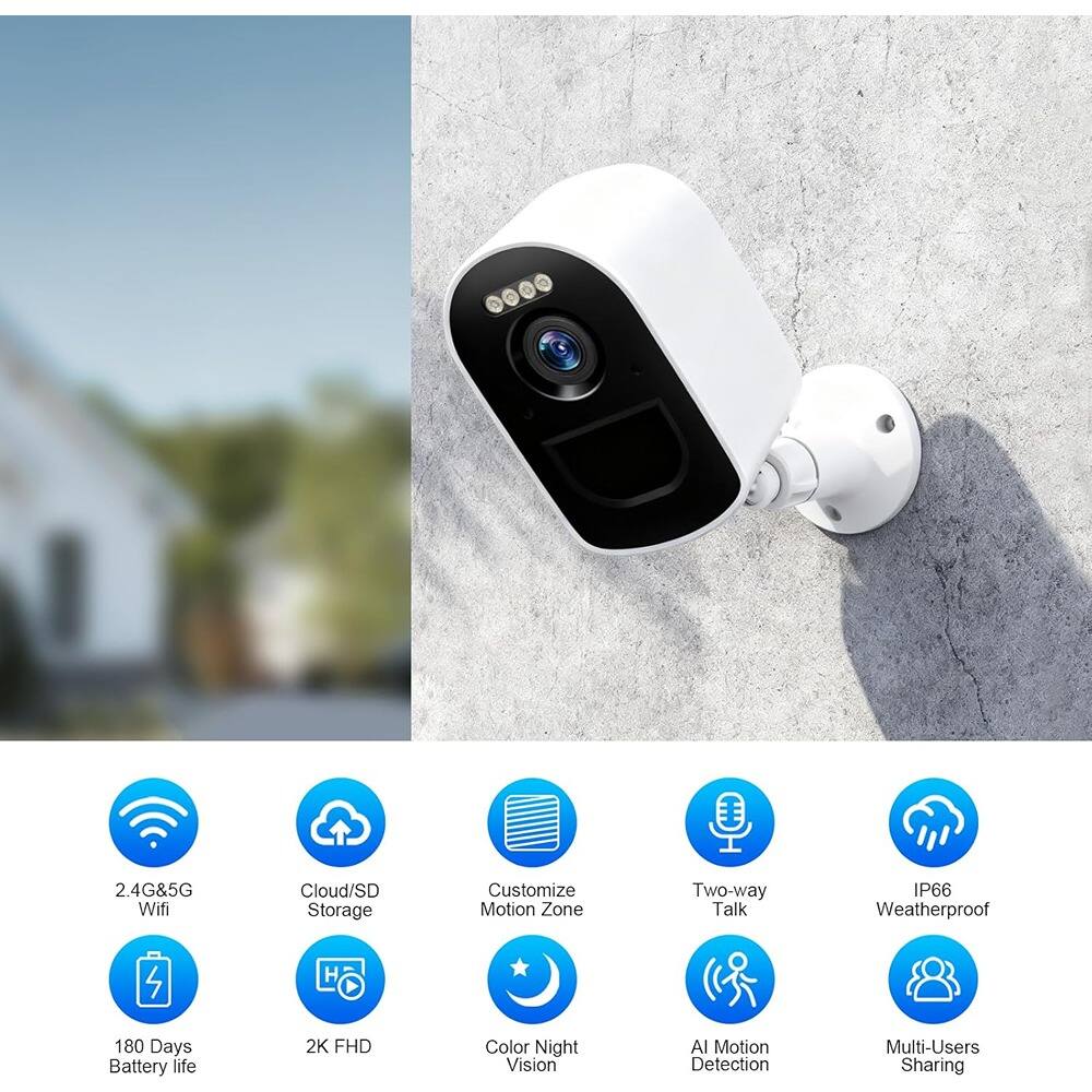 - 2.4G & 5G Wifi
- Cloud/SD Storage
- Customize Motion Zone
- Two-way Talk
- IP66 Weatherproof
- 180 Days Battery life
- 2K FHD
- Color Night Vision
- AI Motion Detection
- Multi-Users Sharing