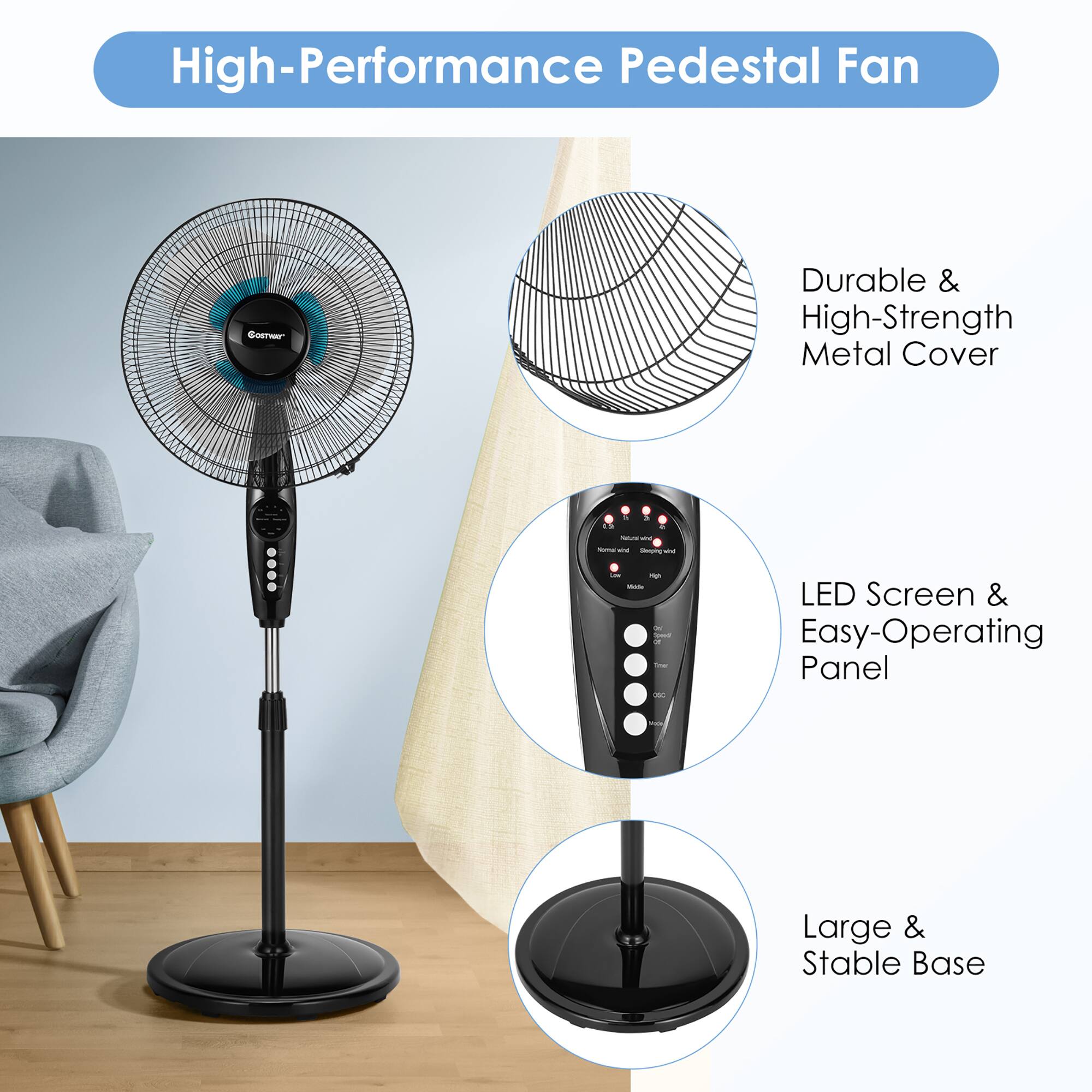 High-Performance Pedestal Fan

Durable & High-Strength Metal Cover

LED Screen & Easy-Operating Panel

Large & Stable Base
