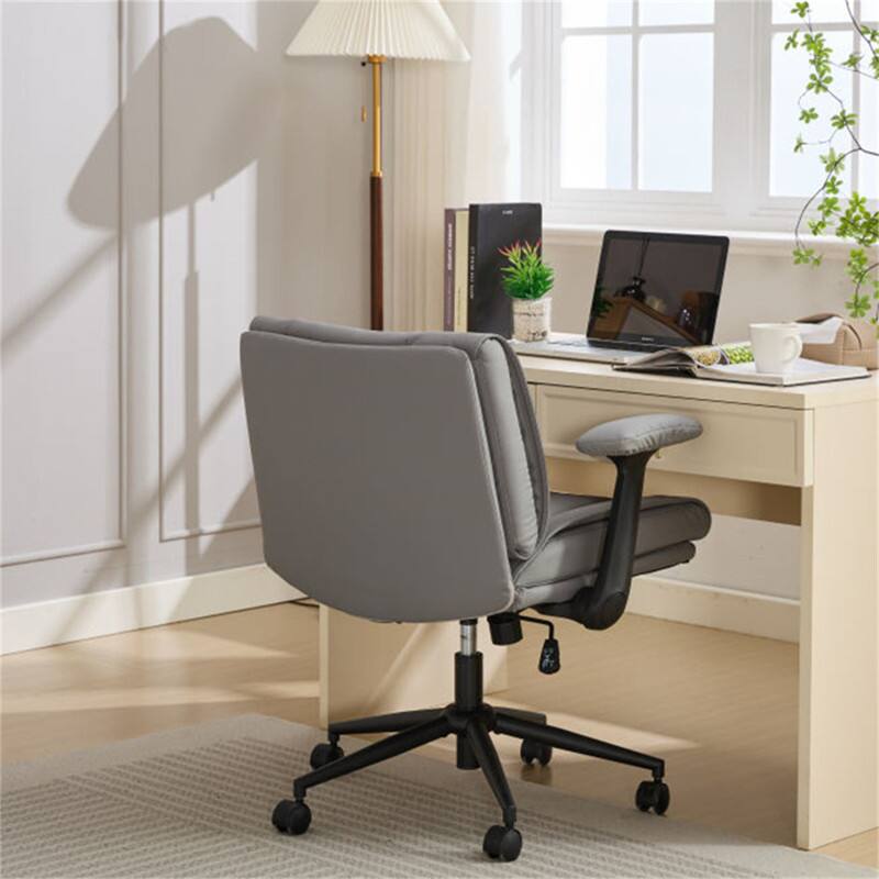 Back. HTUTWOO - Cross Legged Office Chair with Flip-Up Armrests - PU Leather Swivel Desk Chair, Wide Seat, Adjustable Height, Wheels - Grey White.