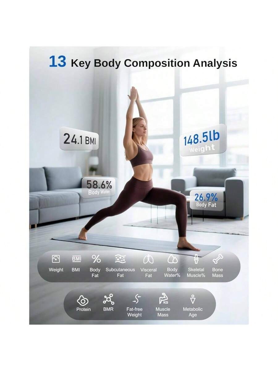 13 Key Body Composition Analysis

- 24.1 BMI
- 148.5lb Weight
- 58.6% Body Water
- 26.9% Body Fat

- Weight
- BMI
- Body Fat
- Subcutaneous Fat
- Visceral Fat
- Body Water%
- Skeletal Muscle%
- Bone Mass
- Protein
- BMR
- Fat-free Weight
- Muscle Mass
- Metabolic Age