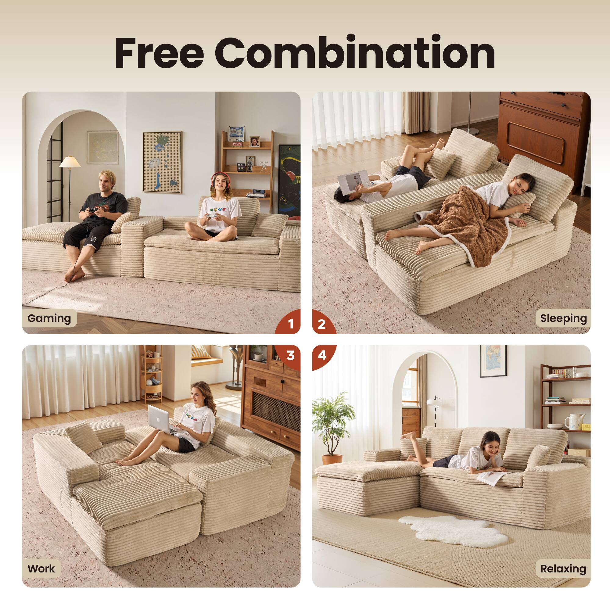 Free Combination

1. Gaming
2. Sleeping
3. Work
4. Relaxing