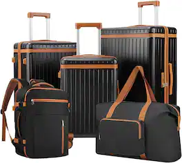 Quick Deer - 5-Piece Spinner Luggage Set with TSA Lock, 180° Travel Backpack and 60L Foldable Duffel Bag for Travel - Black & Brown