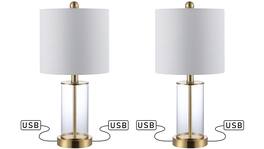 Jonathan Y - Abner 21" Glass Modern Contemporary USB Charging LED Table Lamp, Brass Gold (Set of 2) - Brass Gold/Clear