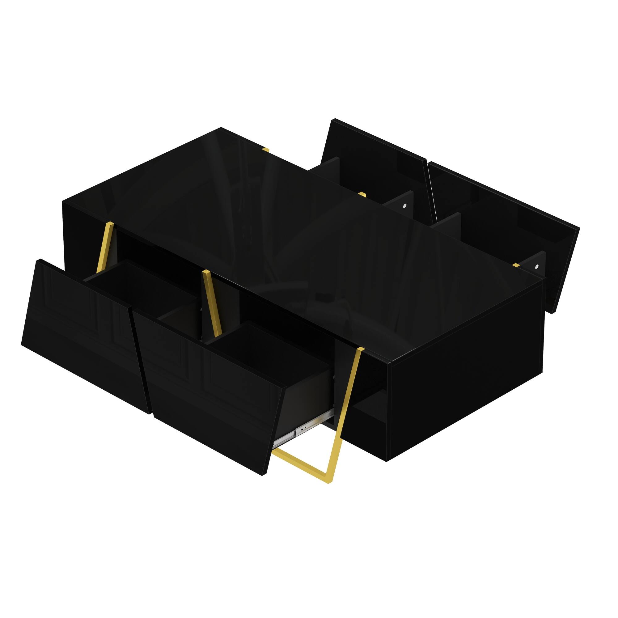 Alt View 5. GOODSILO - Modern Rectangular High Gloss Coffee Table with Storage Drawers and Gold Metal Base for Contemporary Living Room - Black+Gold.