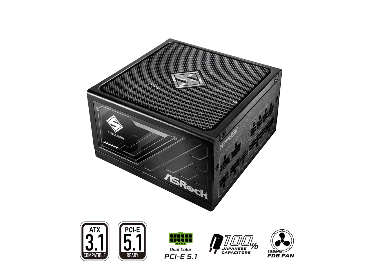 - Steel Legend
- ASRock
- ATX 3.1 Compatible
- PCI-E 5.1 Ready
- Dual Color PCI-E 5.1
- 100% Japanese Capacitors
- 135MM FDB Fan