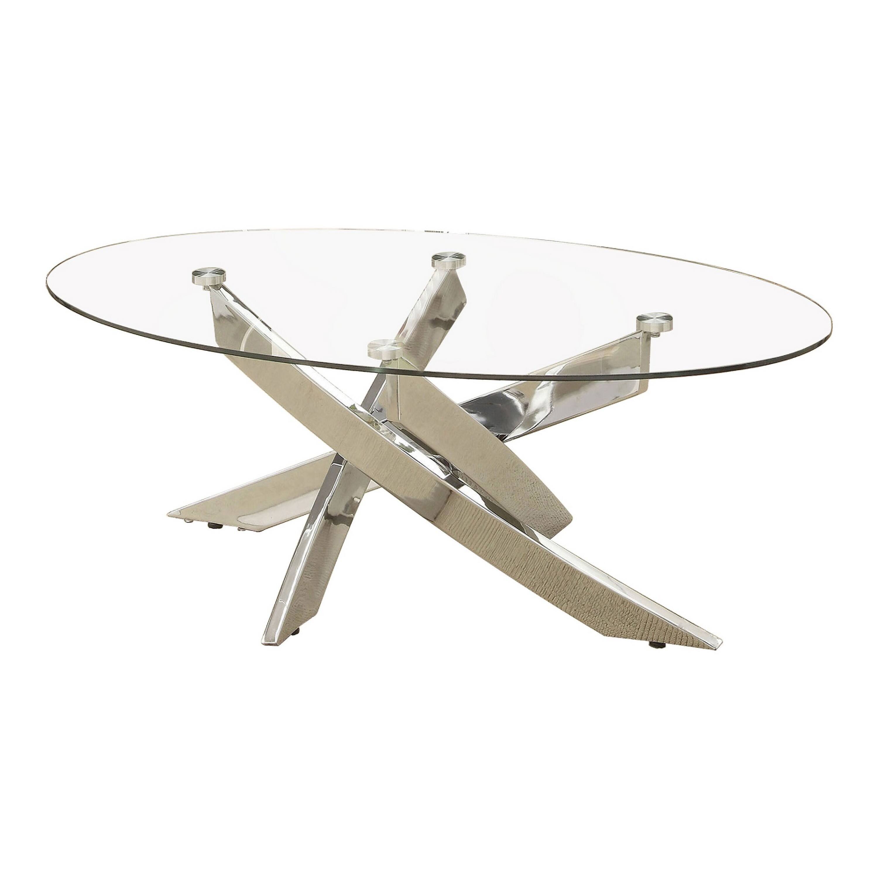 Alt View 1. Manhattan Lane - Oval Shape Glass Top Coffee Table with Criss Cross Base - Silver and Clear.