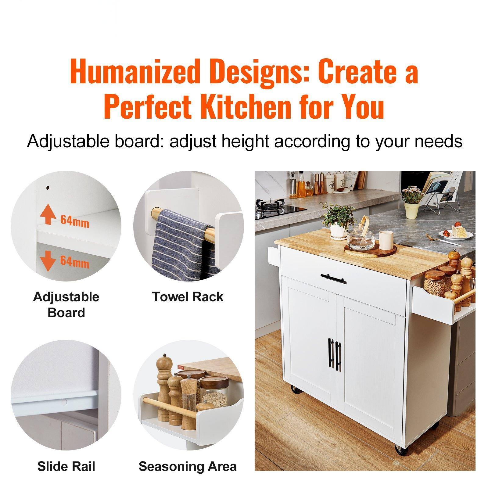 Humanized Designs: Create a Perfect Kitchen for You

Adjustable board: adjust height according to your needs

- 64mm
- 64mm

Adjustable Board

Towel Rack

Slide Rail

Seasoning Area