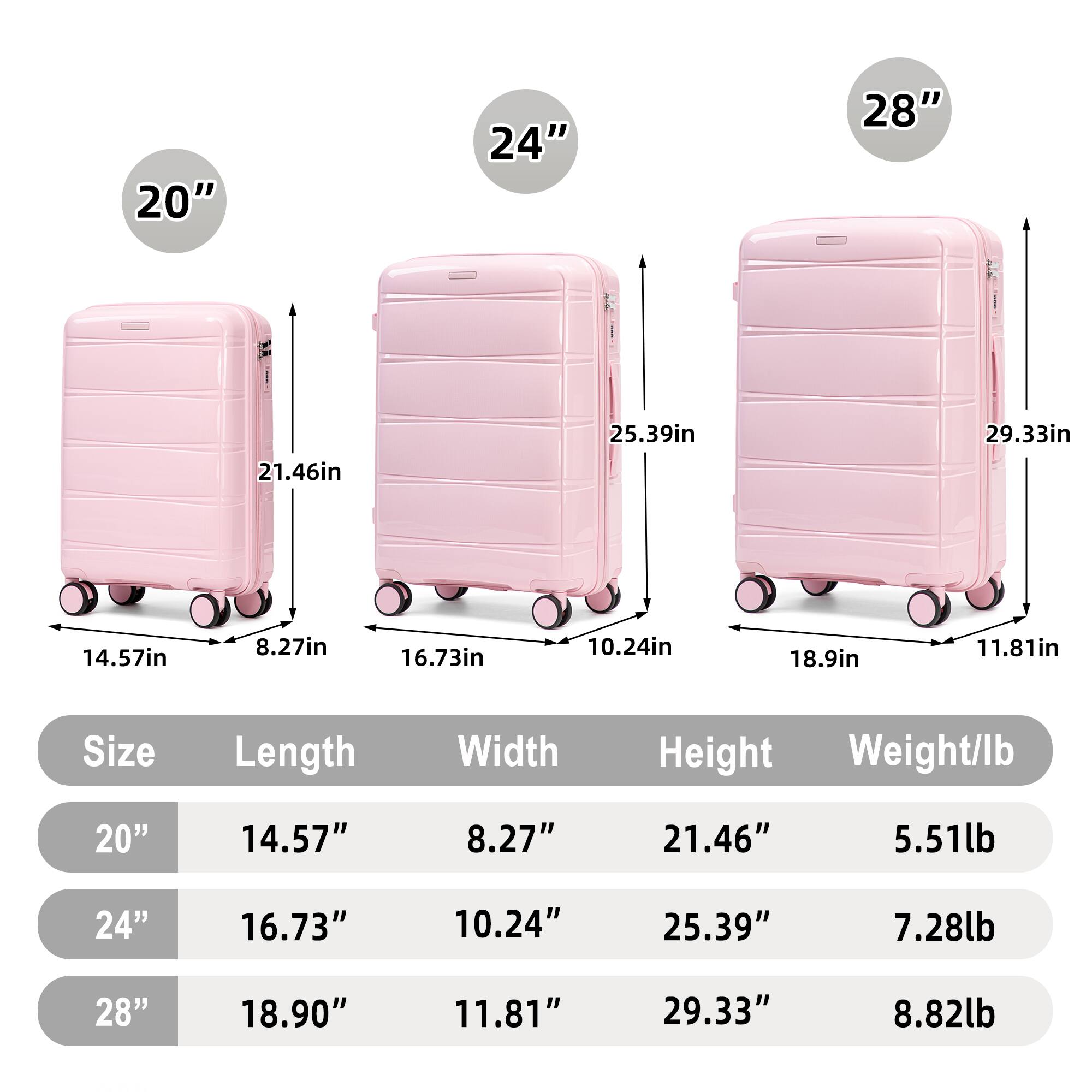 20"
24"
28"
21.46in
25.39in
29.33in
14.57in
8.27in
16.73in
10.24in
18.9in
11.81in
Size
Length
Width
Height
Weight/lb
20"
14.57"
8.27"
21.46"
5.51lb
24"
16.73"
10.24"
25.39"
7.28lb
28"
18.90"
11.81"
29.33"
8.82lb