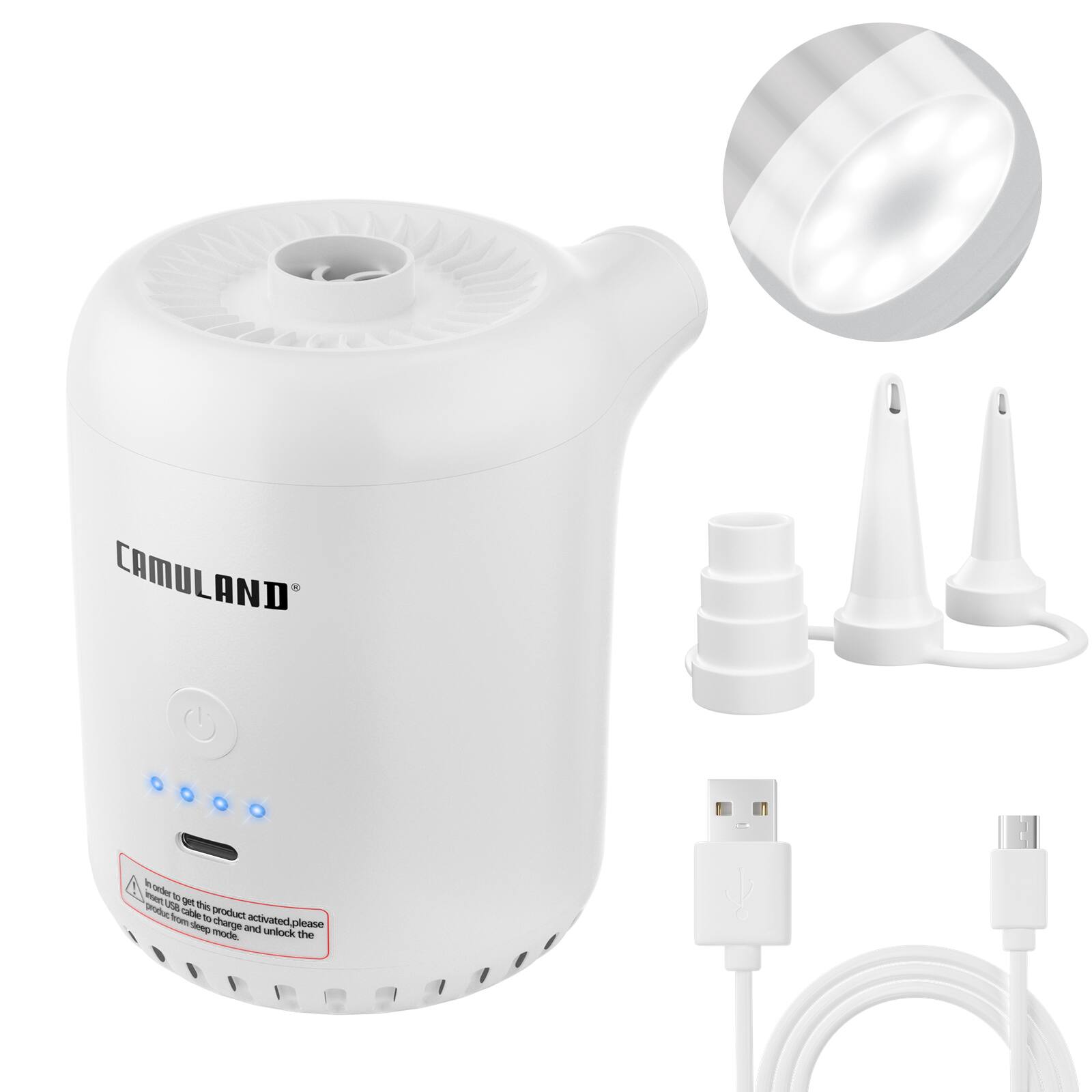 CAMULAND - Electric Air Pump with 3 in 1 Nozzles for Different Valves - White