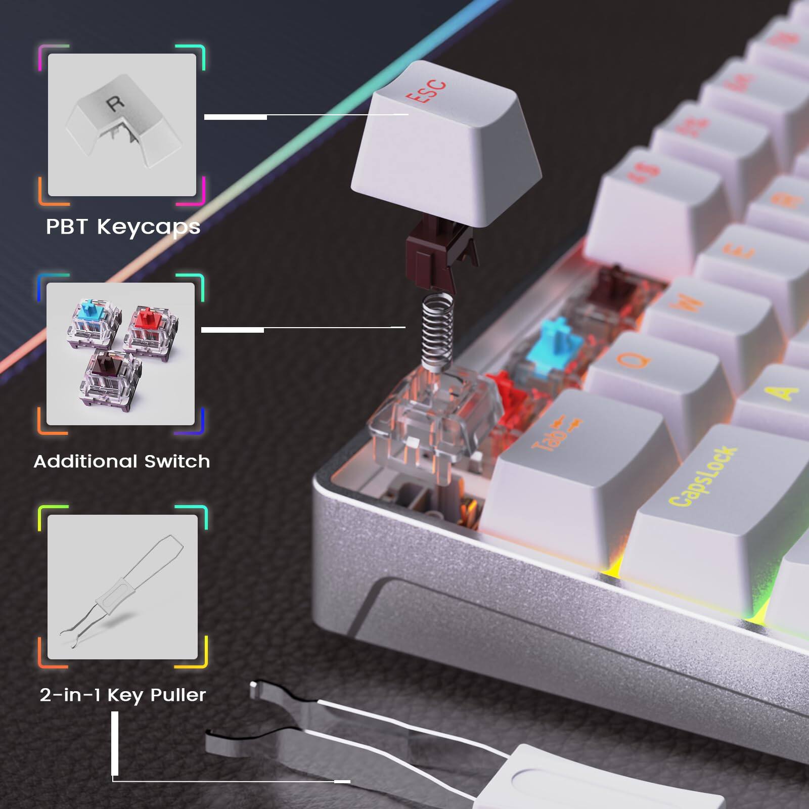 - PBT Keycaps
- Additional Switch
- 2-in-1 Key Puller