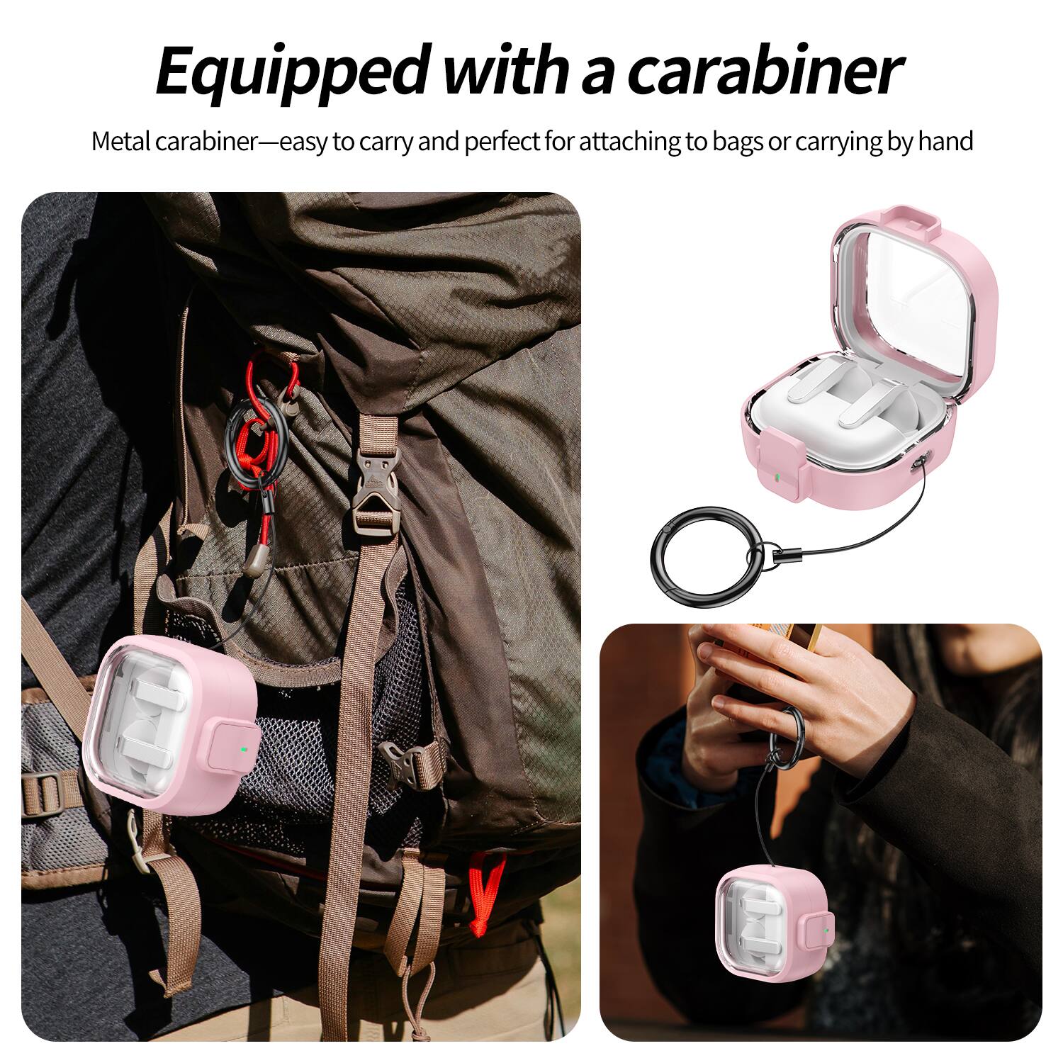 Equipped with a carabiner  
Metal carabiner—easy to carry and perfect for attaching to bags or carrying by hand