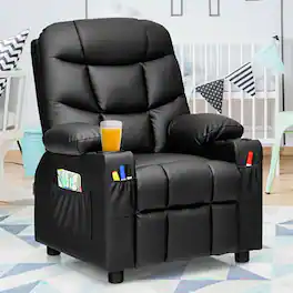 Kadyn - Kids Recliner Chair with Cup Holder and Footrest for Children- Kids Chairs for Kids - Black