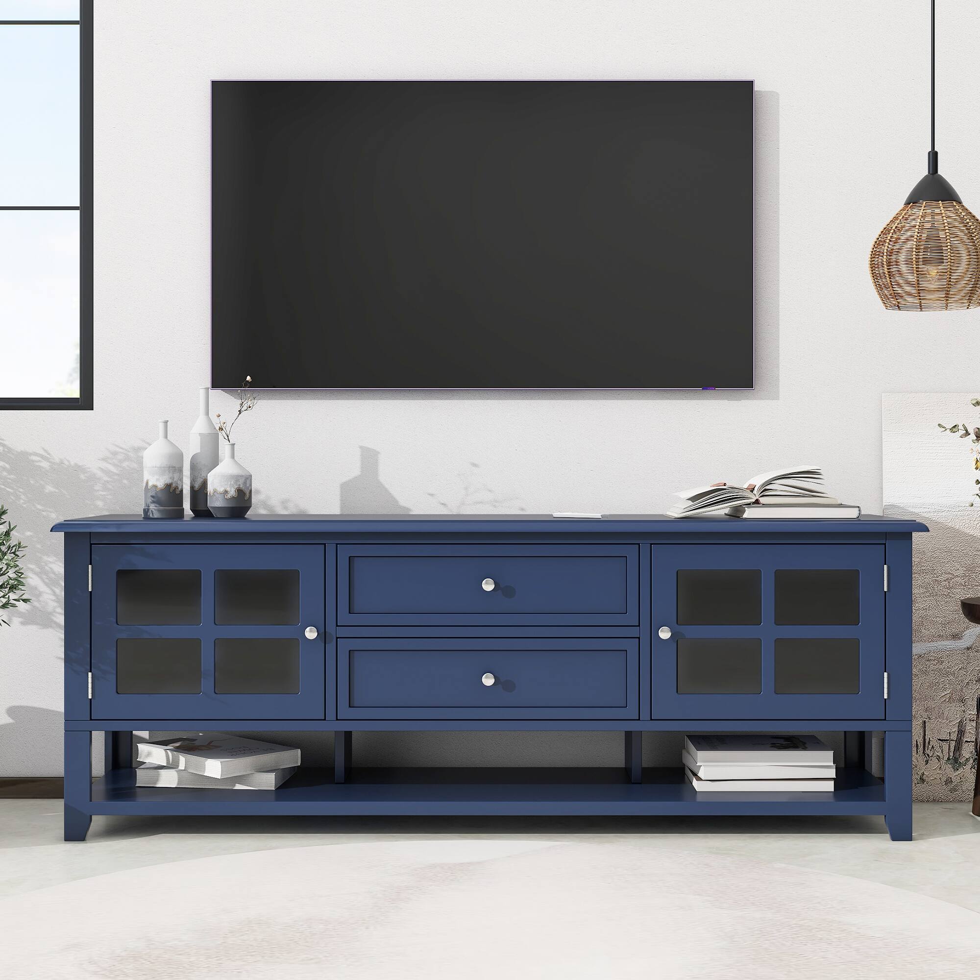 Angle. Z-Edge - TV Stand for TVs up to 60'', Entertainment Center with 2 Cabinet & 2 Drawers, TV Console with Open Shelf for Living Room - Blue.