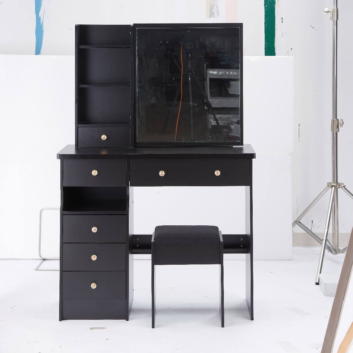 Alt View 2. Loheer - Loheer 37 inch makeup vanity table, black with sliding mirror and cushioned stool - Black.