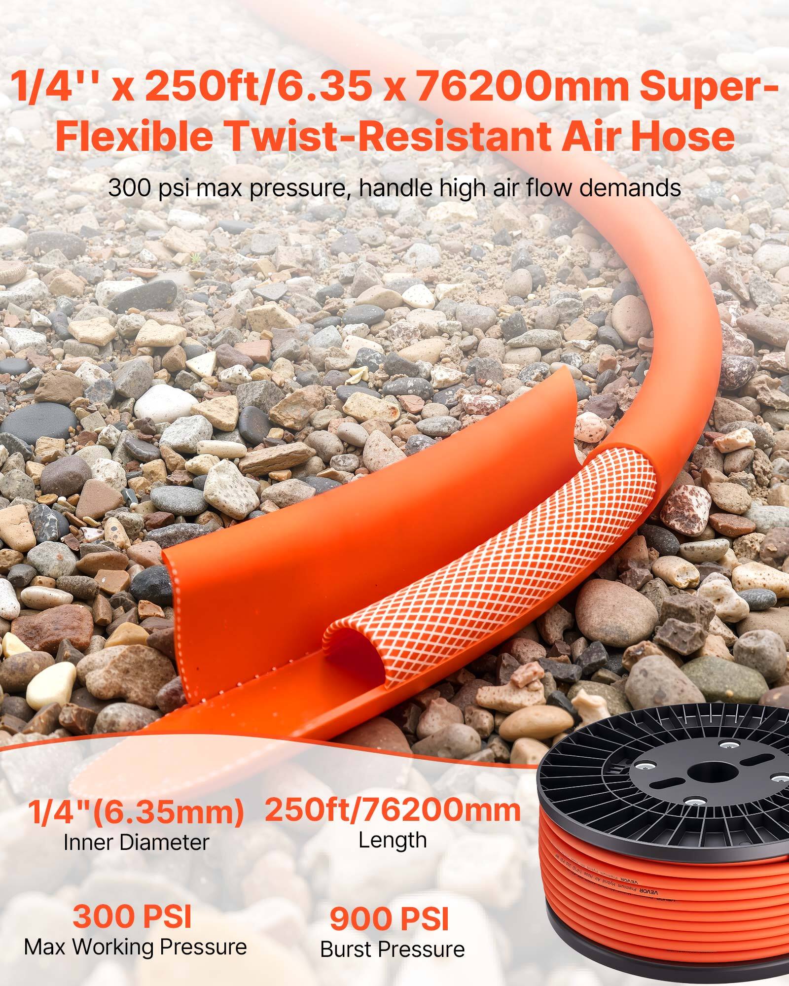 1/4" x 250ft/6.35 x 76200mm Super-Flexible Twist-Resistant Air Hose

300 psi max pressure, handle high air flow demands

1/4" (6.35mm) Inner Diameter

250ft/76200mm Length

300 PSI Max Working Pressure

900 PSI Burst Pressure