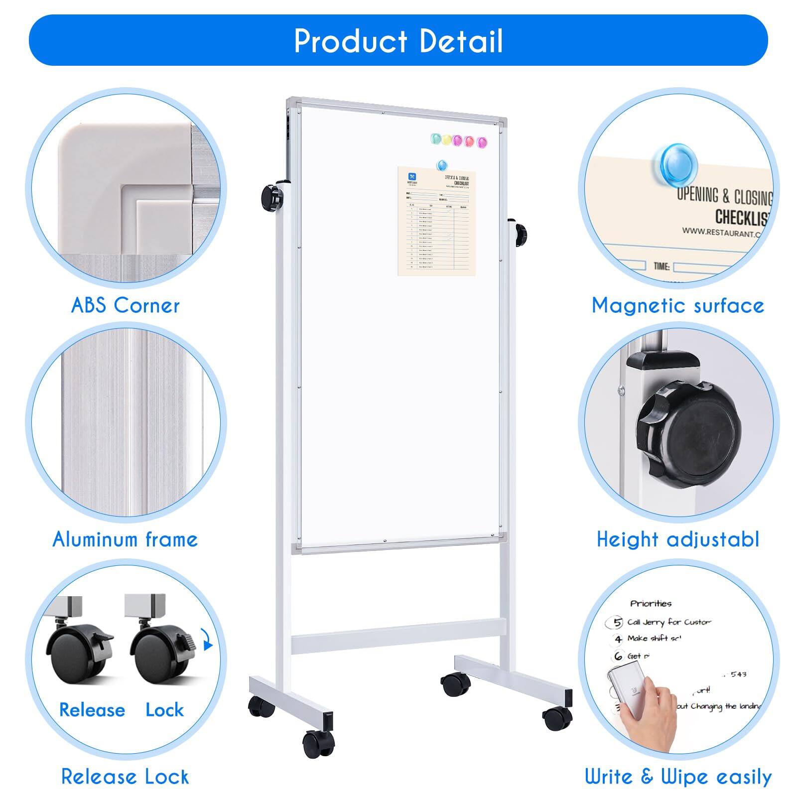 Product Detail

- ABS Corner
- Aluminum frame
- Magnetic surface
- Height adjustable
- Release Lock
- Write & Wipe easily

UPENING & CLOSING CHECKLIST
WWW.RESTAURANT.C

TIME

Priorities
5. Call Jerry For Customer
4. Make shift set!
6. Get out Changing the land