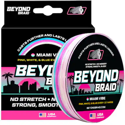 BEYOND BRAID
CASTS FURTHER AND LASTS LONGER
MIAMI VIBE
PINK, WHITE, & BLUE EVERY 10 YARDS
NO STRETCH • NO MEMORY
STRONG, SMOOTH, SLEEK
BEYONDBRAID.COM
USA COMPANY