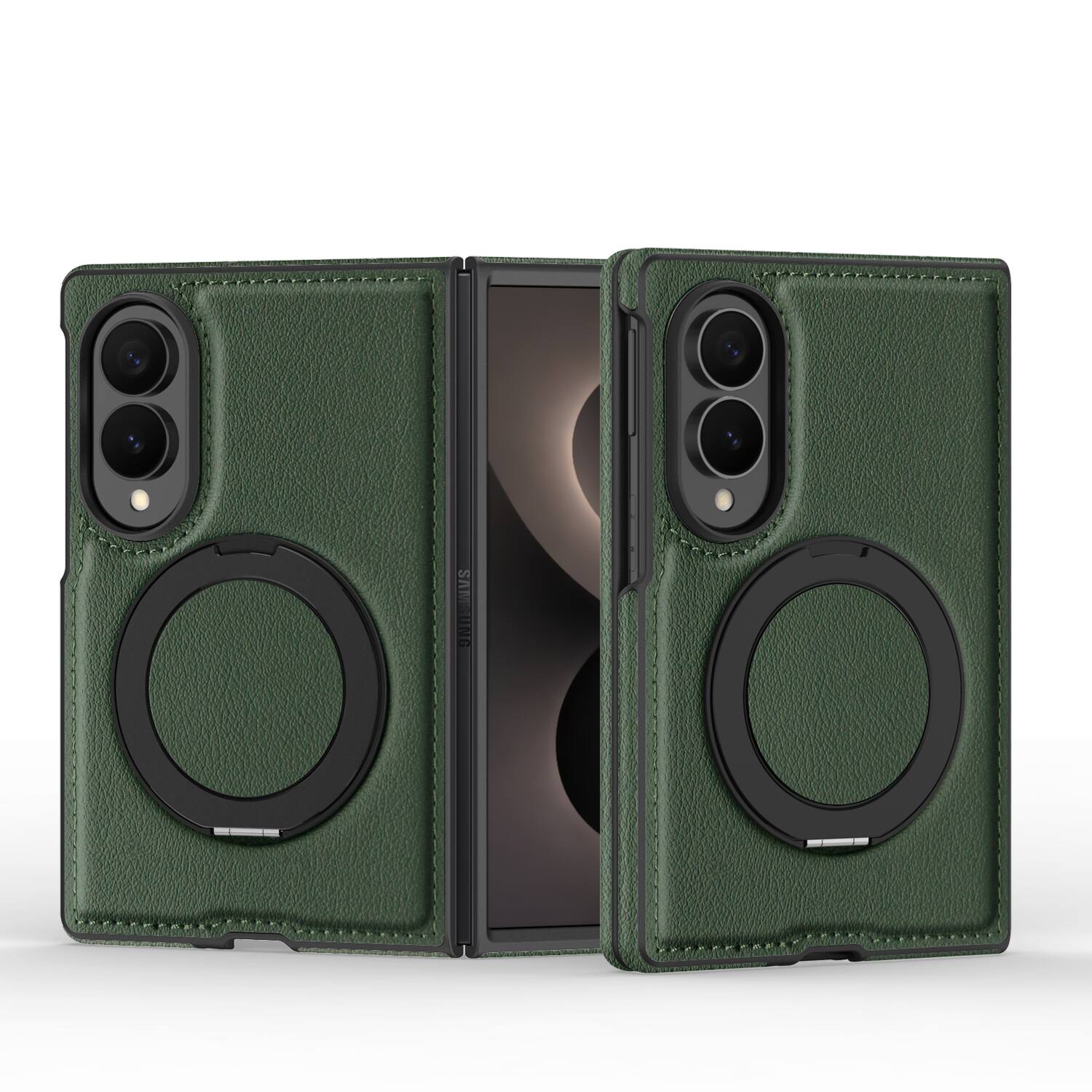 Angle. Dteck - Leather Case for Samsung Galaxy Z Fold 8,Shockproof Compatible with Mag Safe 360 Rotation Ring Kickstand Cover - Darkgreen.