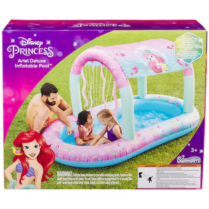 Disney Princess Ariel Deluxe Inflatable Pool™
Sprinkler sprays water from the top for splashing fun!
Des jets d'eau super amusants arrosent depuis le haut!
El reciador esparce agua desde arriba para disfrutar con salpicaduras!
WARNING! Children have drowned in portable swimming pools. Ensure active adult supervision at all times. Do not leave children unsupervised in or around the pool - keep them within arm's reach. Empty and store safely after use.
3+
SwimWays
WARNING
AVERTISSEMENT
ADVERTENCIA
Children have drowned in portable swimming pools. Ensure active adult supervision at all times. Do not leave children unsupervised in or around the pool - keep them within arm's reach. Empty and store safely after use.