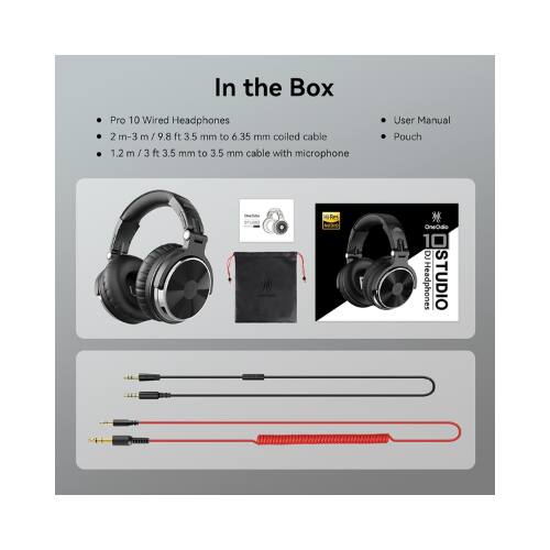In the Box

- Pro 10 Wired Headphones
- 2 m/3 ft/98.15 mm to 6.35 mm coiled cable
- 1.2 m/3 ft 3.5 mm to 3.5 mm cable with microphone
- User Manual
- Pouch

S OneOdic 10 DJHeadphones STUDIO