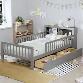 GOODSILO - Twin Size Bed with Headboard Storage and Under-Bed Drawers Featuring Safety Guardrails - Gray