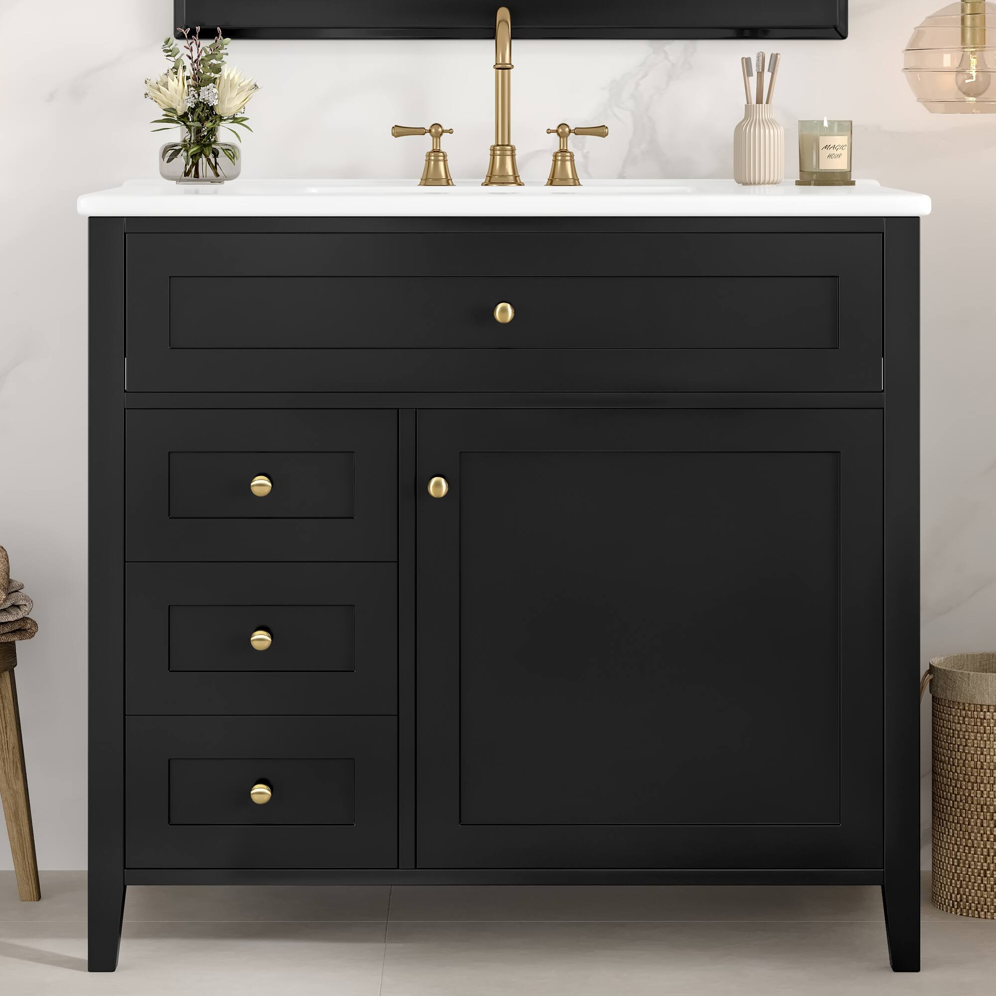 Angle. TinyHomie - 36-Inch Bathroom Vanity with Sink Modern MDF and Rubberwood Cabinet with 3 Drawers and Adjustable Shelf - Black.