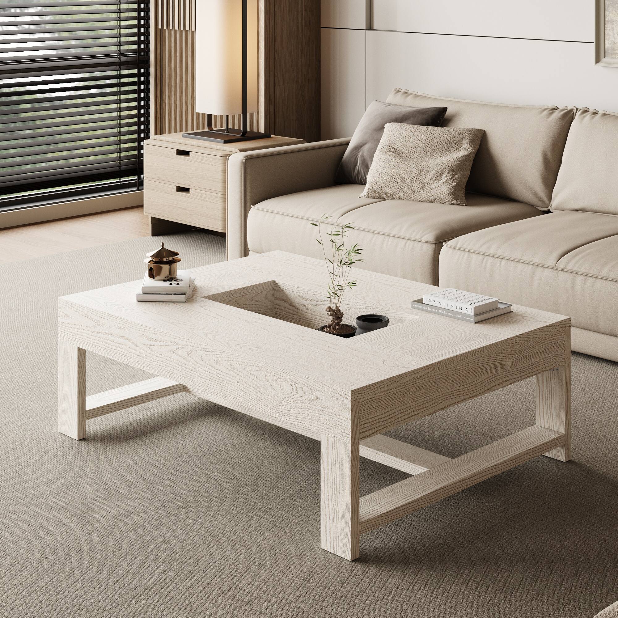 Alt View 6. FUFU & GAGA - Wood Grain Hollow Coffee Table with Central Storage and Minimalist Frame for Living Room - Off-White.