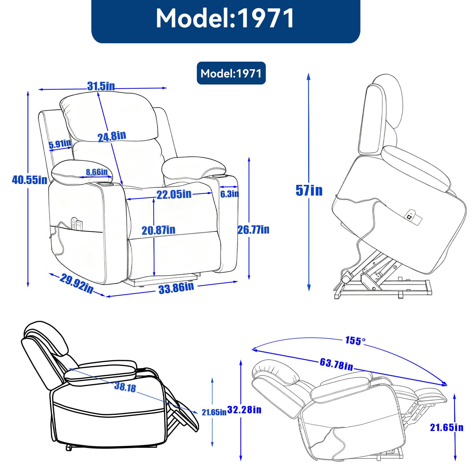 Model: 1971  
31.5in  
5.91in  
24.8in  
40.55in  
8.66in  
22.05in  
6.3in  
57in  
20.87in  
26.77in  
29.92in  
33.86in  
38.18in  
155°  
63.78in  
21.65in  
32.28in  
21.65in