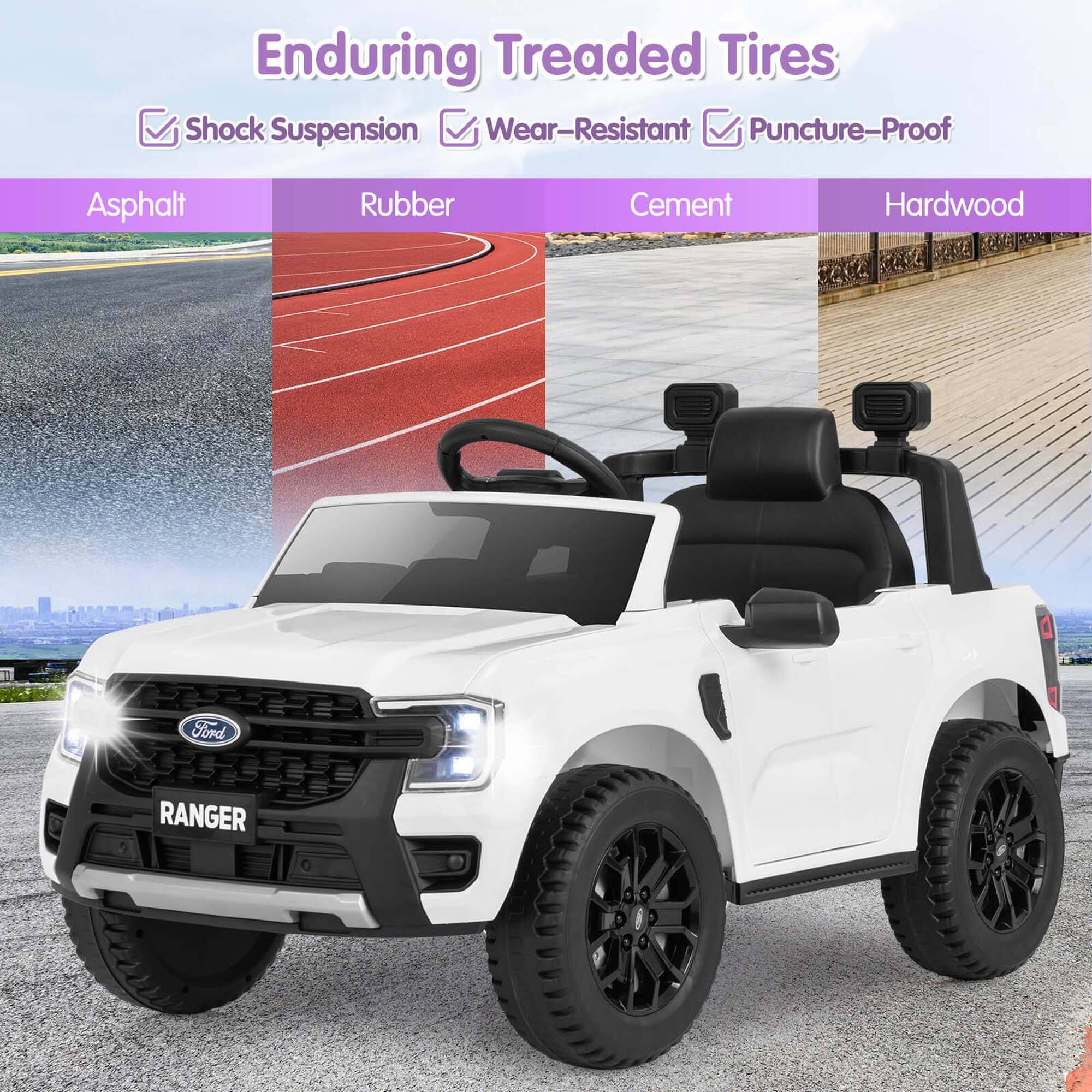 Enduring Treaded Tires  
Shock Suspension  
Wear-Resistant  
Puncture-Proof  

Asphalt  
Rubber  
Cement  
Hardwood  

Ford RANGER
