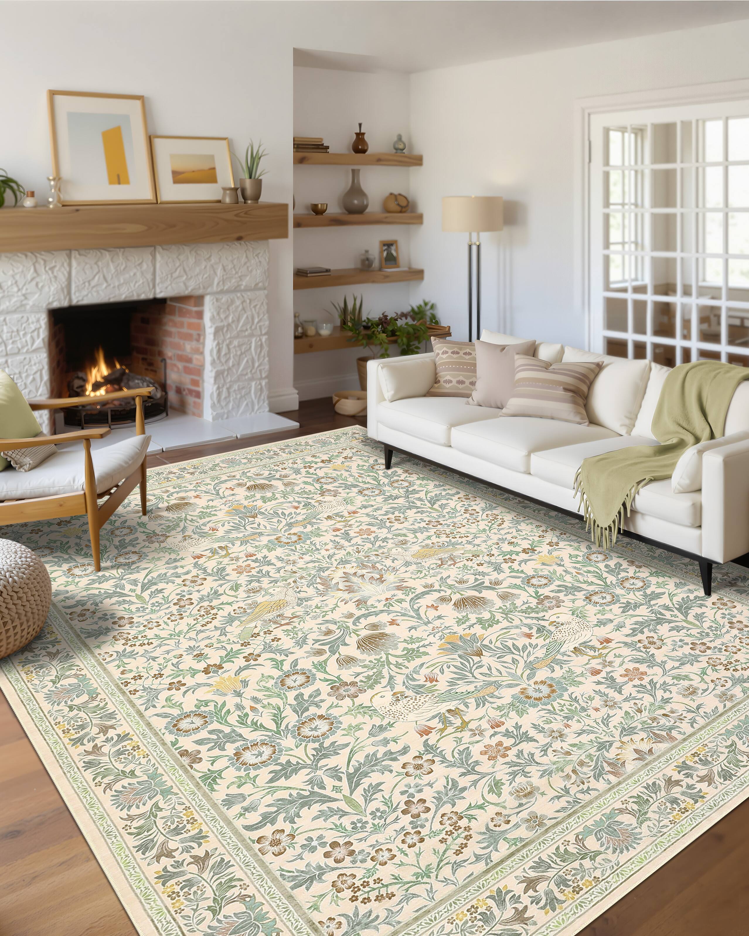 Front. GARVEE - Vintage Botanical Bird & Floral Area Rug Non Slip Machine Washable Stain Resistant Rug for Boho Living Rooms Bedrooms - Beige.
