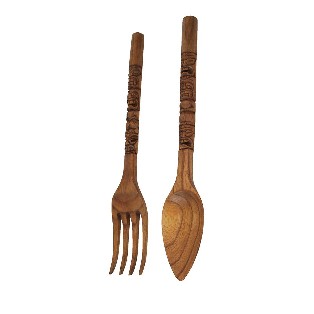 Alt View 2. Zeckos - 24 Inch Carved Tiki Spoon & Fork Wooden Wall Decor Art Utensil Decoration Set - Brown.