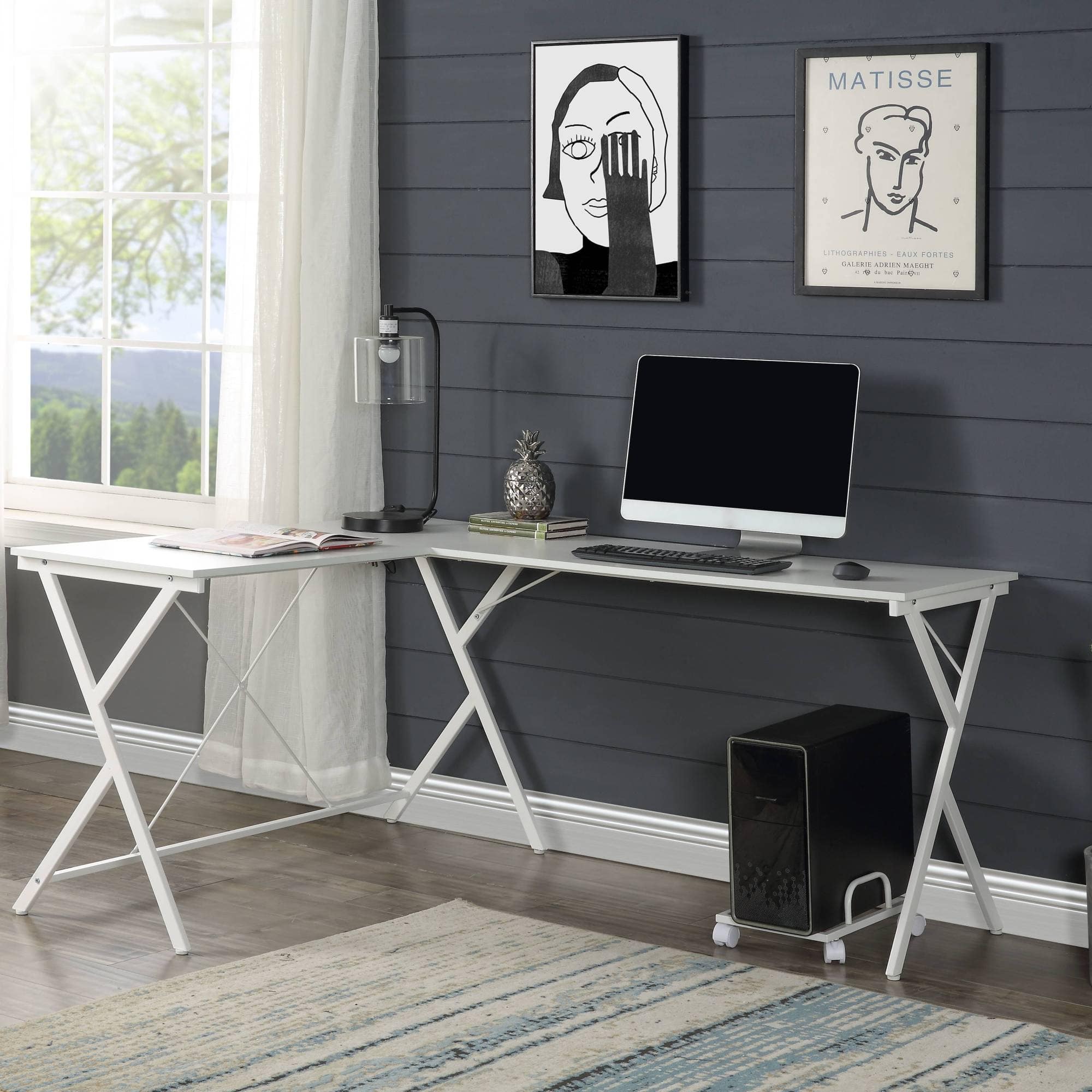 GOODSILO - L-Shaped Computer Desk with Metal Frame and Mobile CPU Holder for Compact Workspaces - White