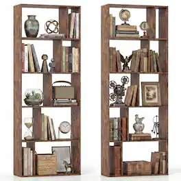 Costway - 2 PCS 5-Tier Bookshelf with Open Back, Display Storage Shelf with Anti-Tipping Kits - Industrial Brown