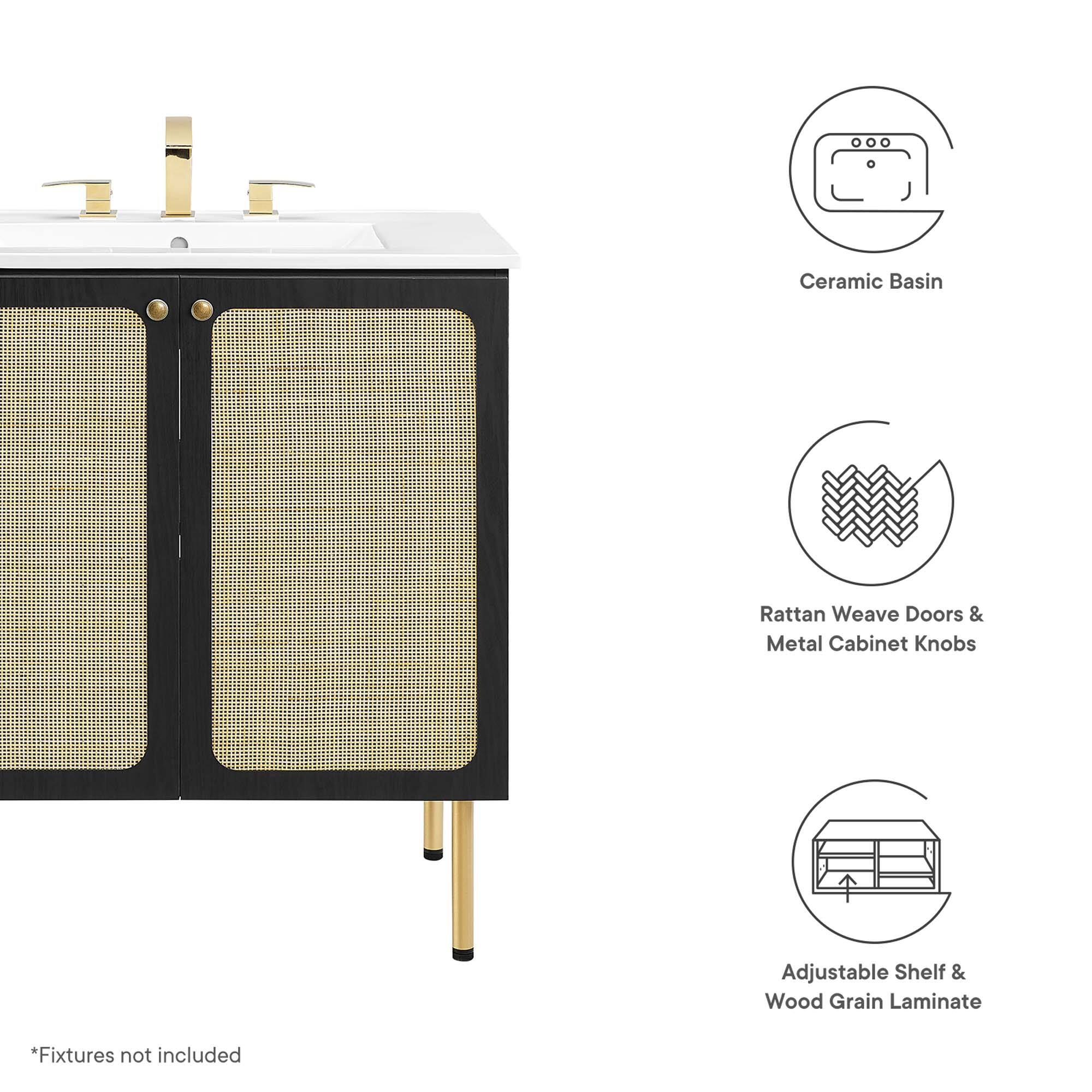 Ceramic Basin  
Rattan Weave Doors & Metal Cabinet Knobs  
Adjustable Shelf & Wood Grain Laminate  

*Fixtures not included