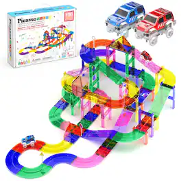 PicassoTiles - PICASSO-TILES Race Track Magnetic Tiles for Kids, 100PCS with 2 Racing Cars, STEM Building Blocks Educational Toy
