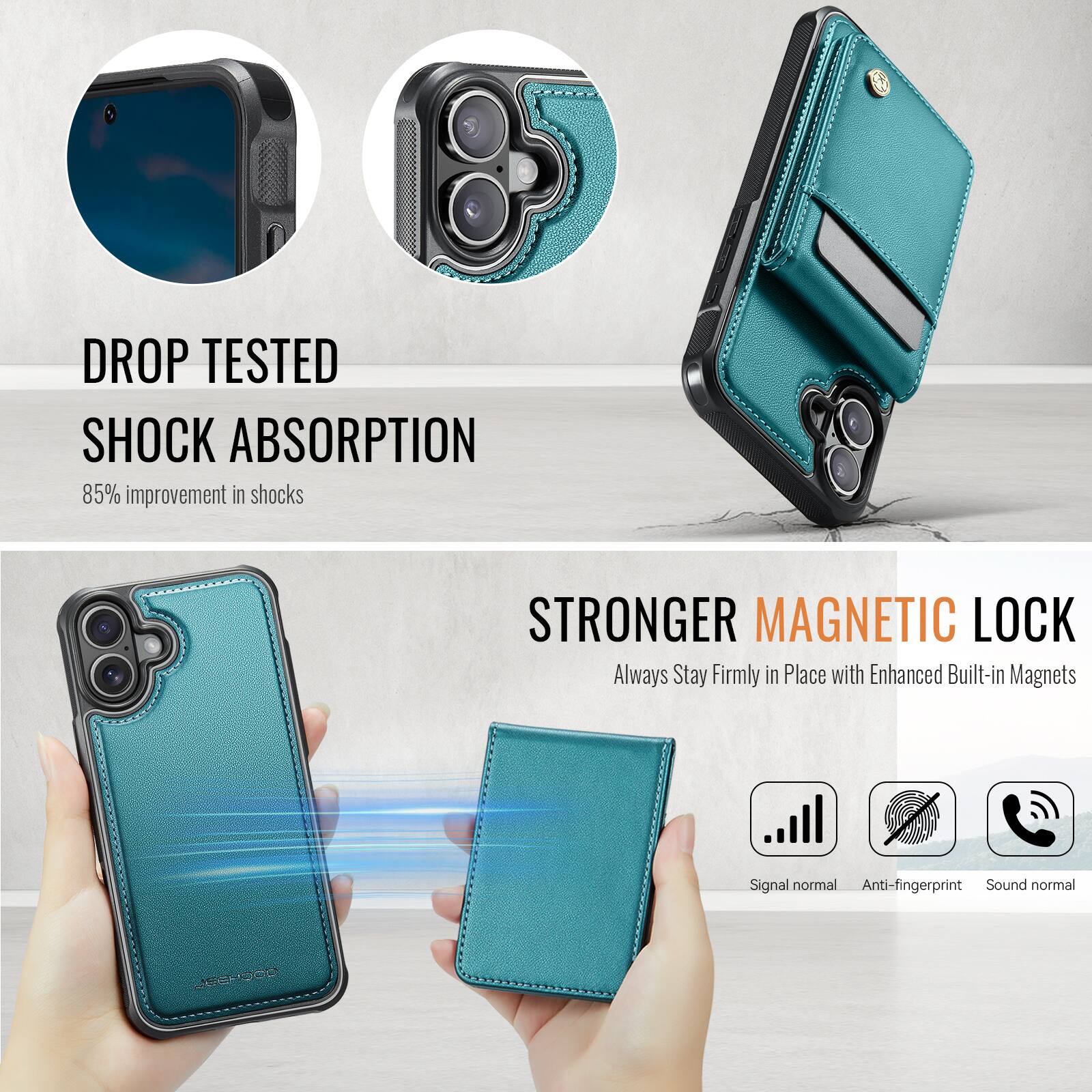 DROP TESTED  
SHOCK ABSORPTION  
85% improvement in shocks  

STRONGER MAGNETIC LOCK  
Always Stay Firmly in Place with Enhanced Built-in Magnets  

Signal normal  
Anti-fingerprint  
Sound normal