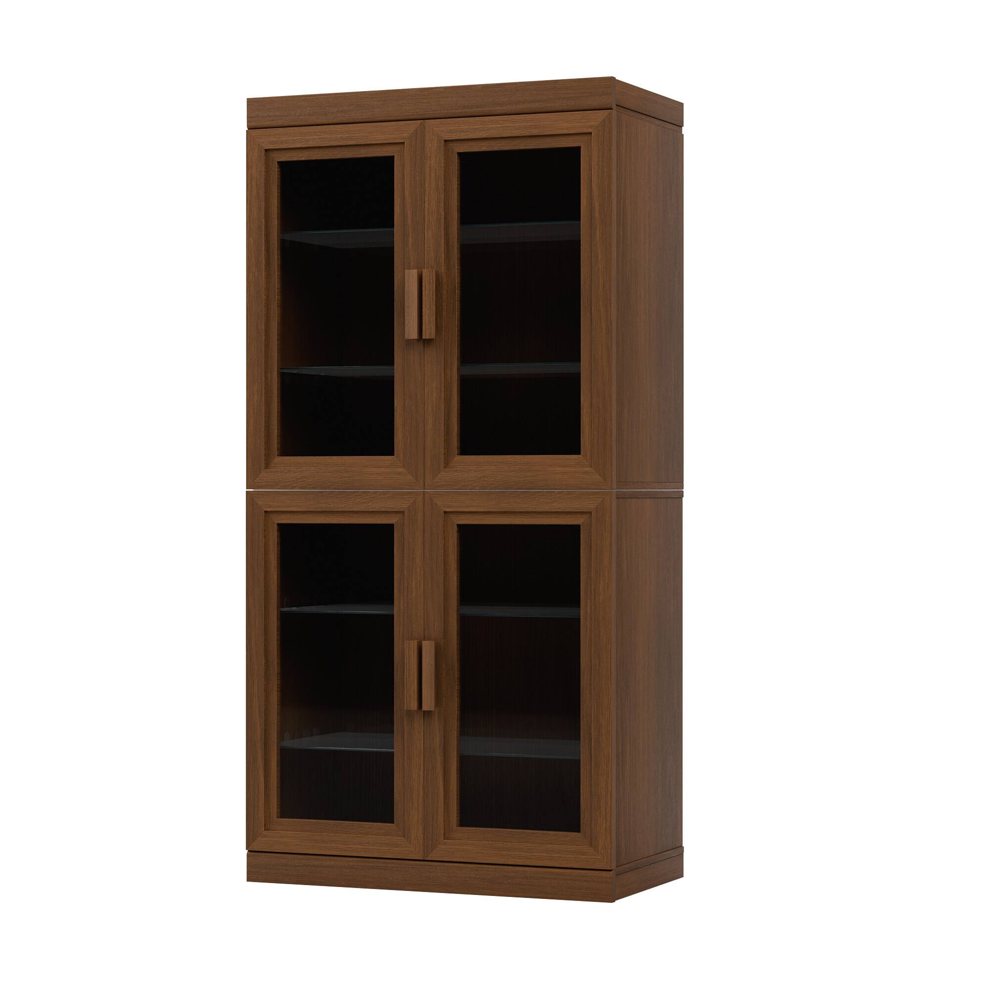 Angle. PexFix - 62" Kitchen Pantry Cabinet, Oak Freestanding Storage Cabinet with Glass Doors and Adjustable Shelves for Dining Room - Light Walnut.