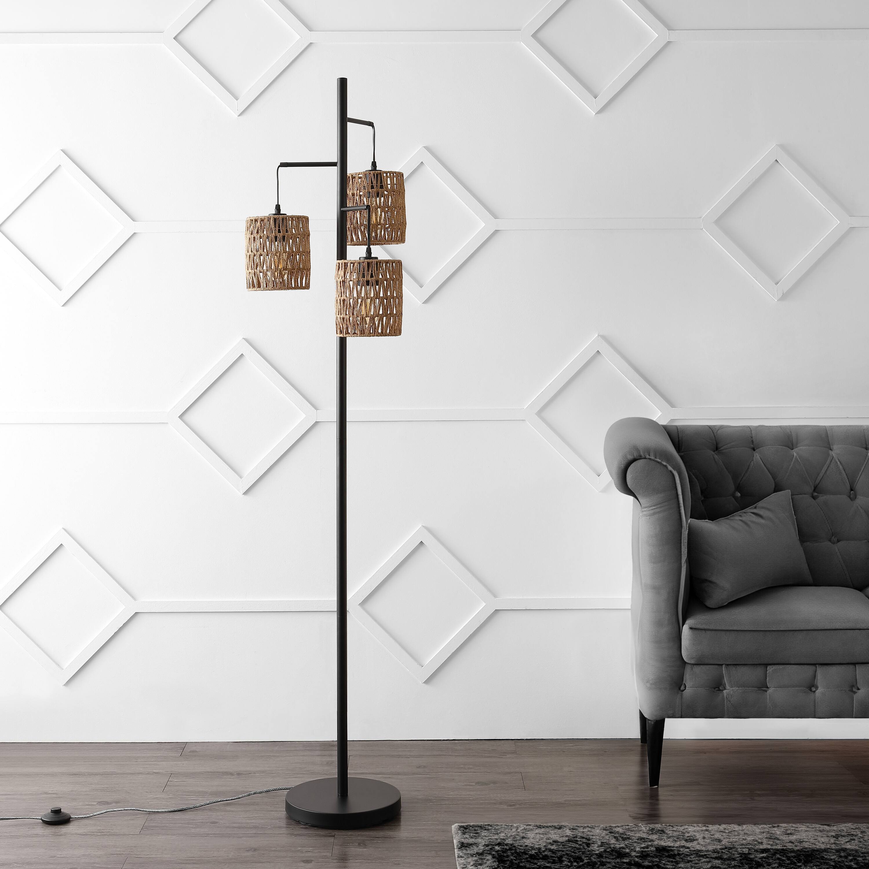 Alt View 4. Jonathan Y - Isla 70.75" 3-Light Mid-Century Bohemian Metal/Rope LED Floor Lamp, Black/Natural - Black.