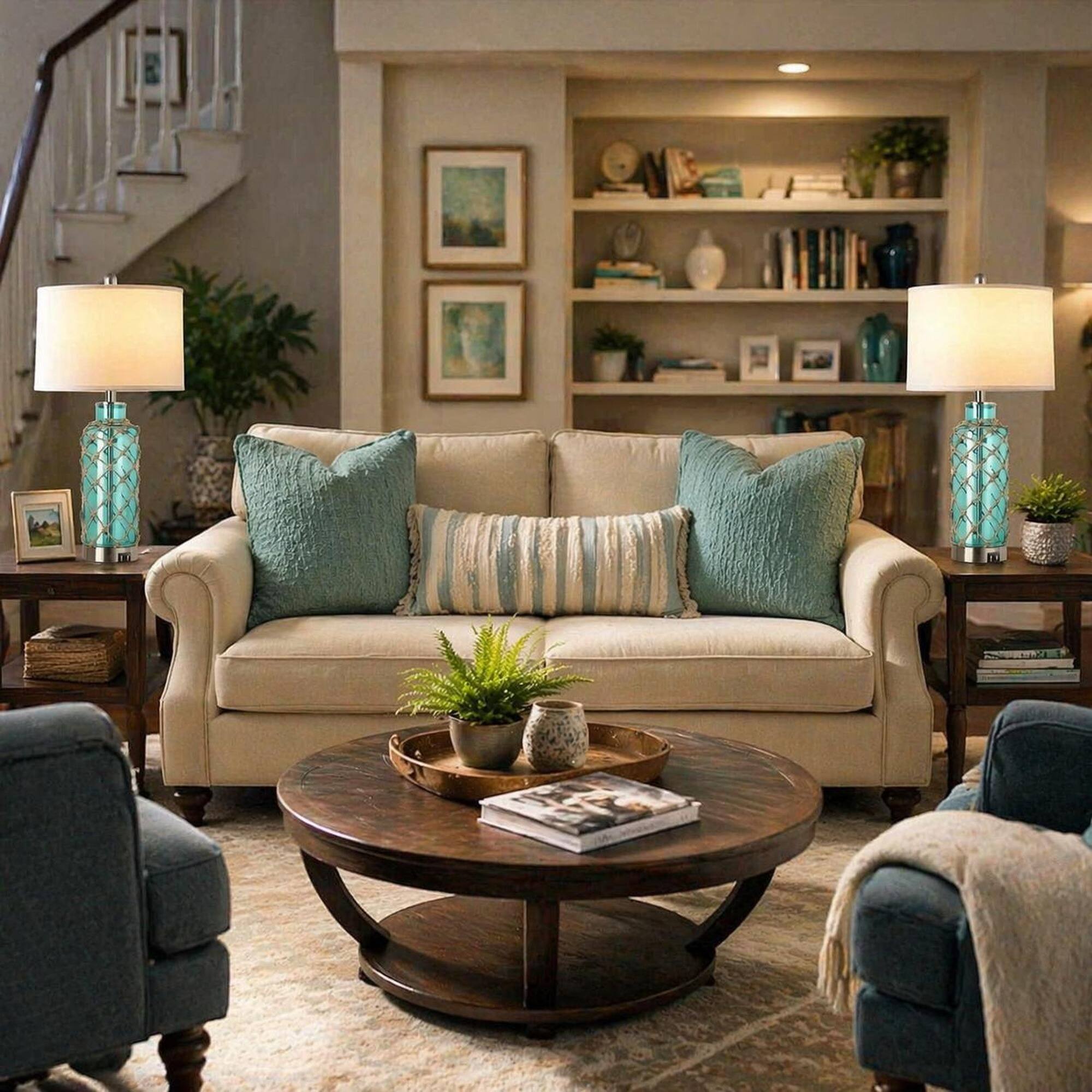 Angle. RYHNUYNE - Set of 2 Coastal Touch Table Lamps with Blue-Green Glass Bases, Rope Accents, 3-Way Dimming, Dual USB Charging Ports - Green.