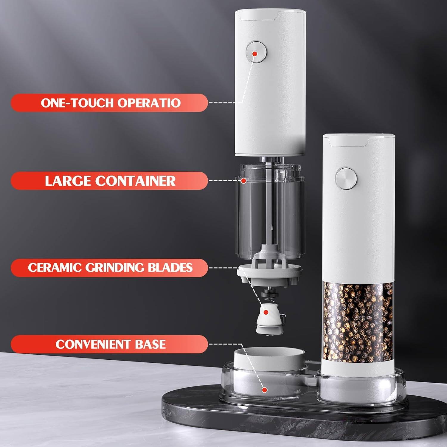 ONE-TOUCH OPERATION  
LARGE CONTAINER  
CERAMIC GRINDING BLADES  
CONVENIENT BASE