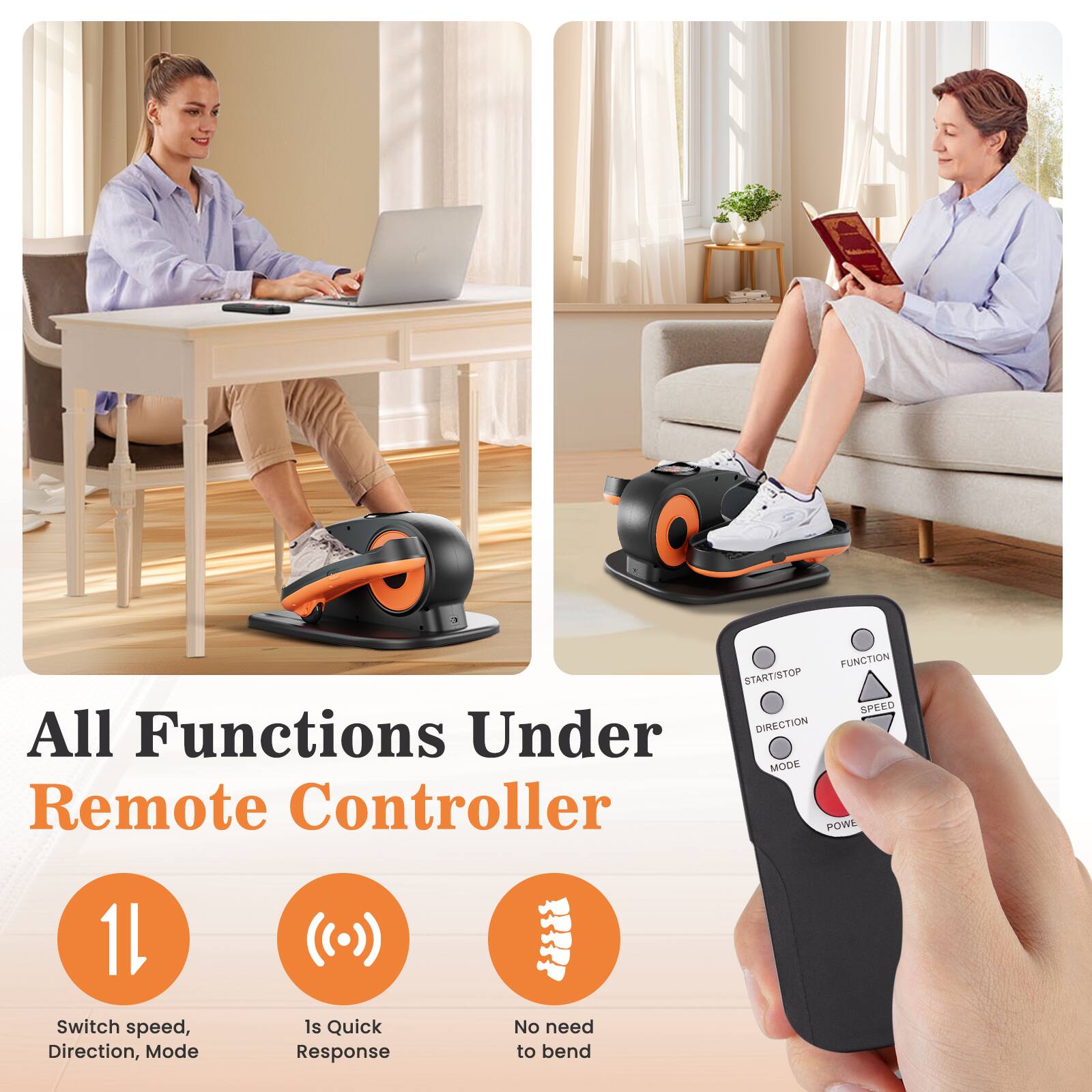 All Functions Under Remote Controller

1. Switch speed, Direction, Mode
2. 1s Quick Response
3. No need to bend