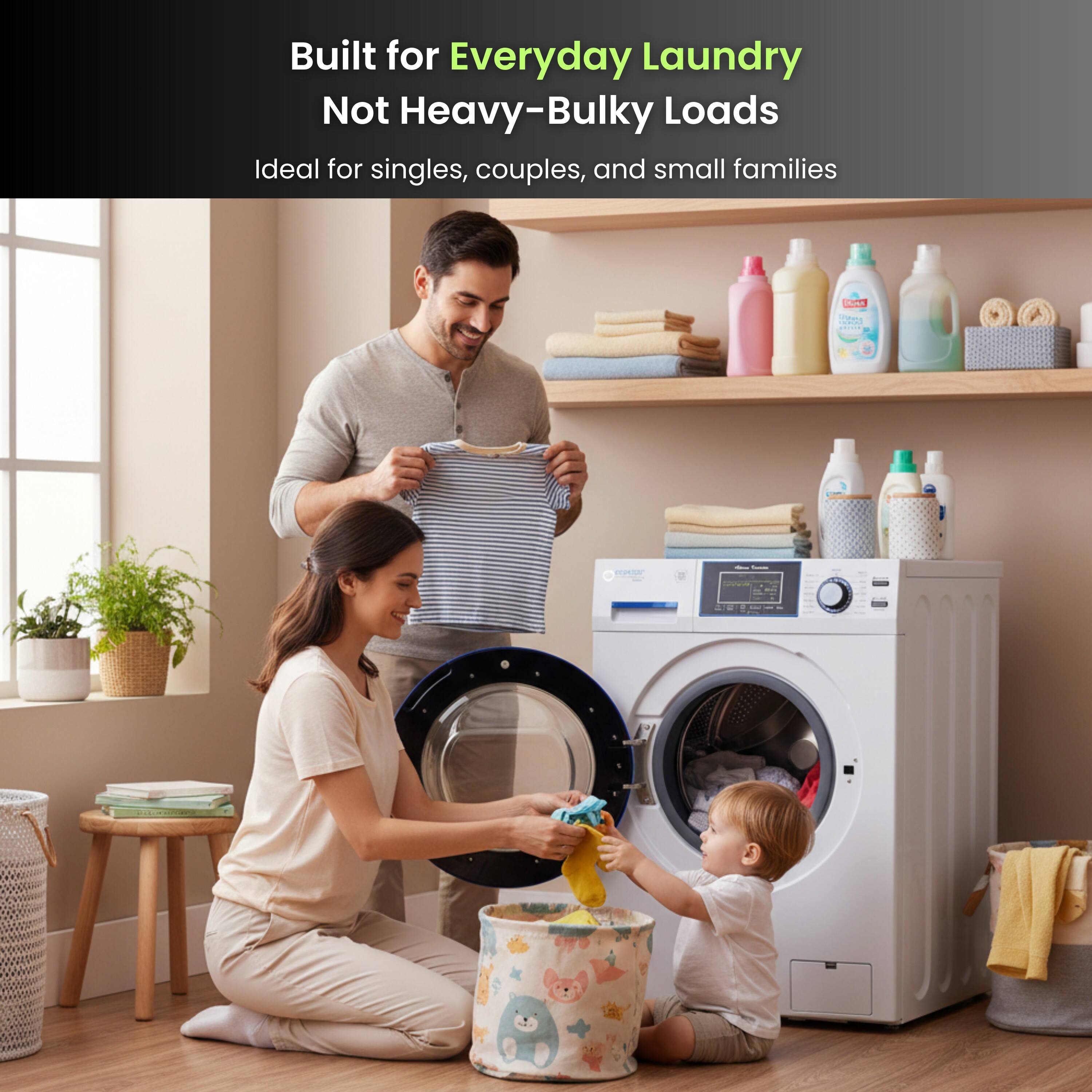 Built for Everyday Laundry  
Not Heavy-Bulky Loads  

Ideal for singles, couples, and small families