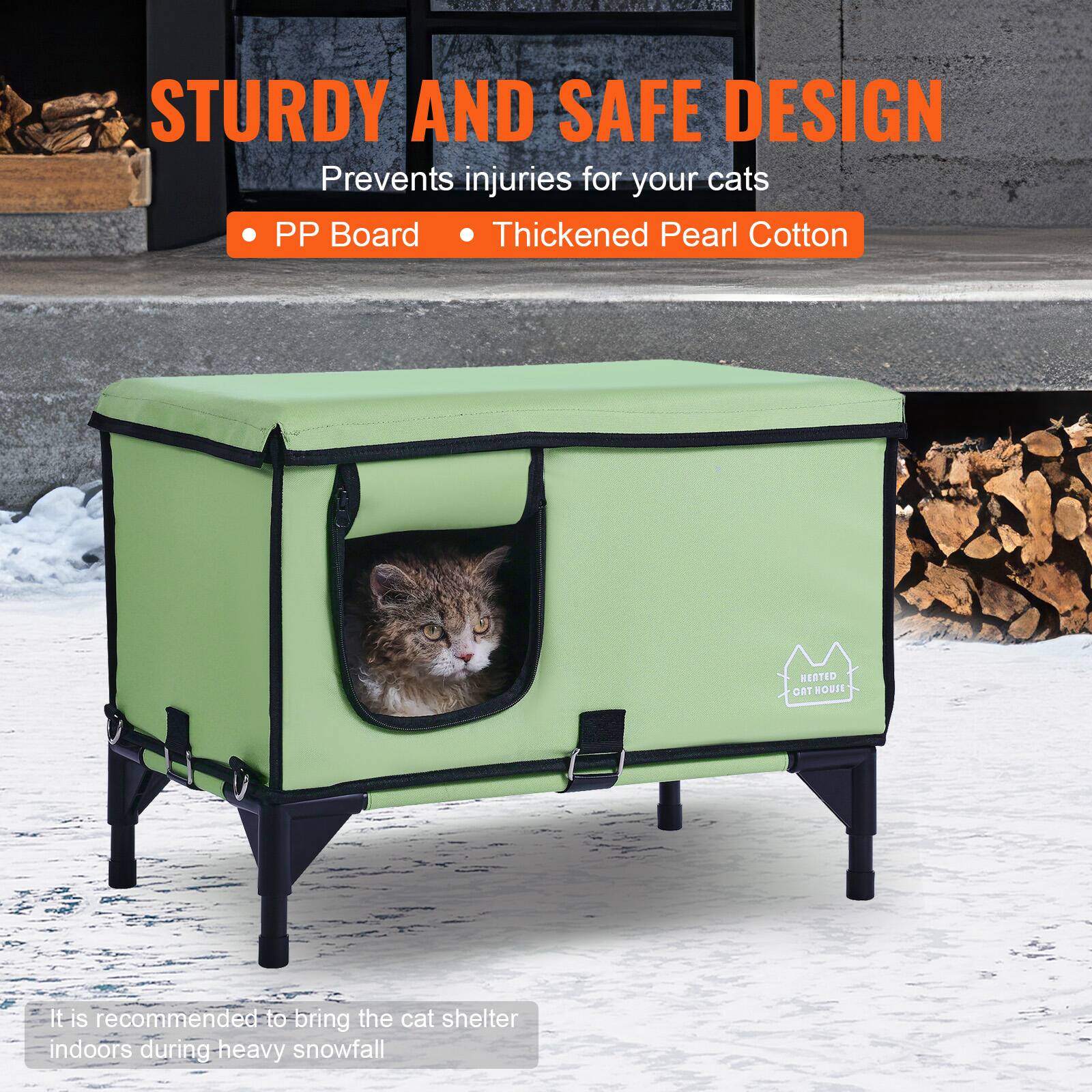 STURDY AND SAFE DESIGN  
Prevents injuries for your cats  

- PP Board  
- Thickened Pearl Cotton  

It is recommended to bring the cat shelter indoors during heavy snowfall