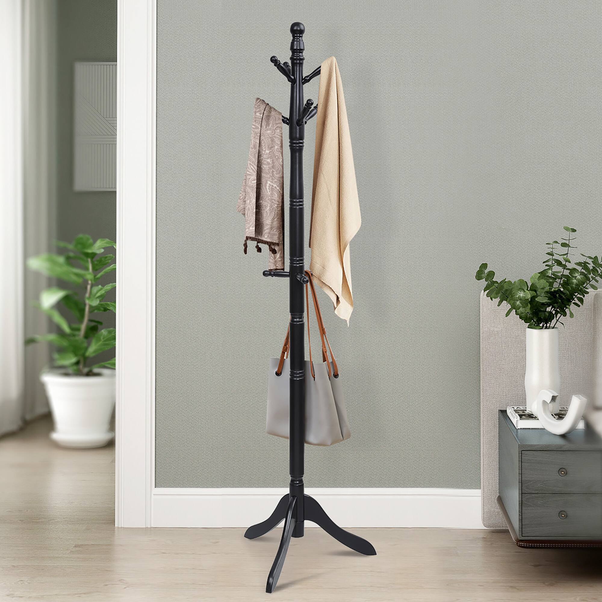 Alt View 1. Costway - Costway Coat Rack Wooden Hall Tree 2 Adjustable Height w/ 9 Hooks - Black.